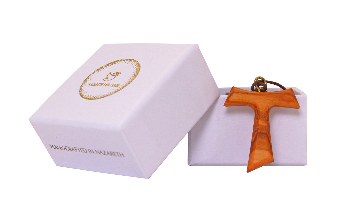 Peaceful Covenant Olive Wood Tau Cross Necklace Outside Gift Box
