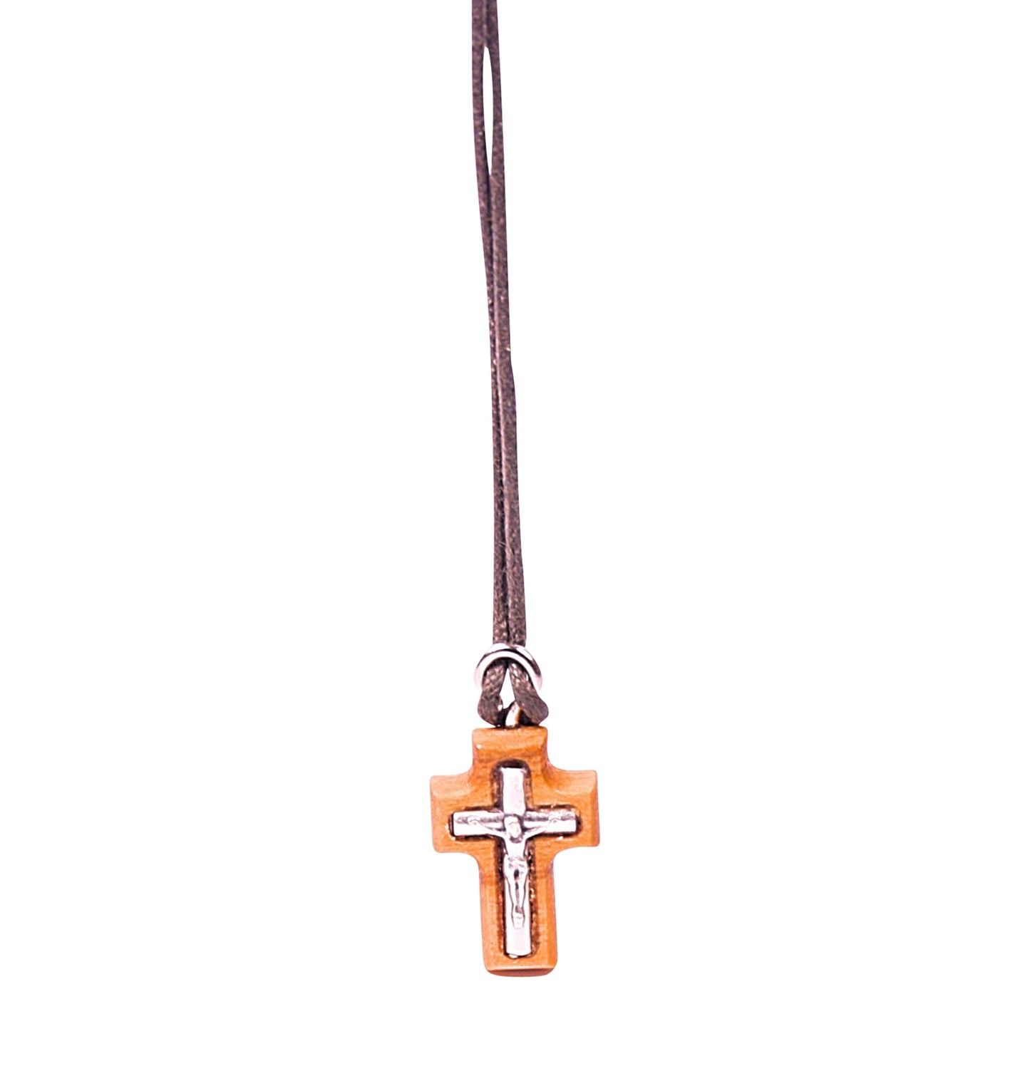 Petite Reverence Olive Wood Crucifix Necklace Close Up