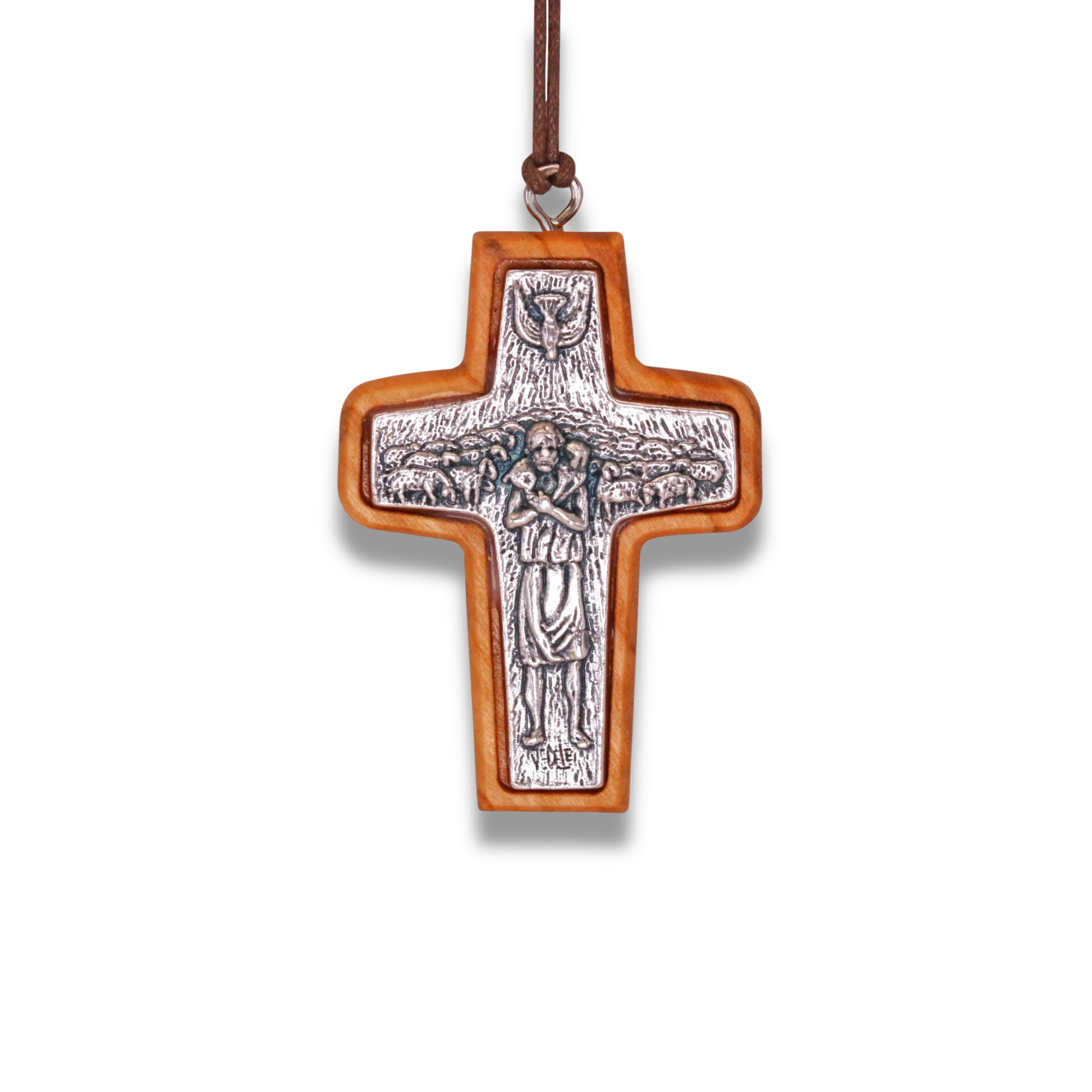 Pope Francis Olive Wood Framed Metal Cross Close Up