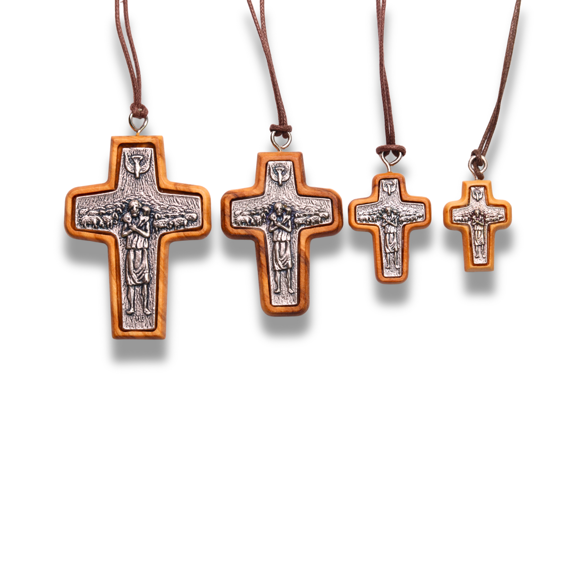 Four Pope Francis Olive Wood Framed Metal Crosses