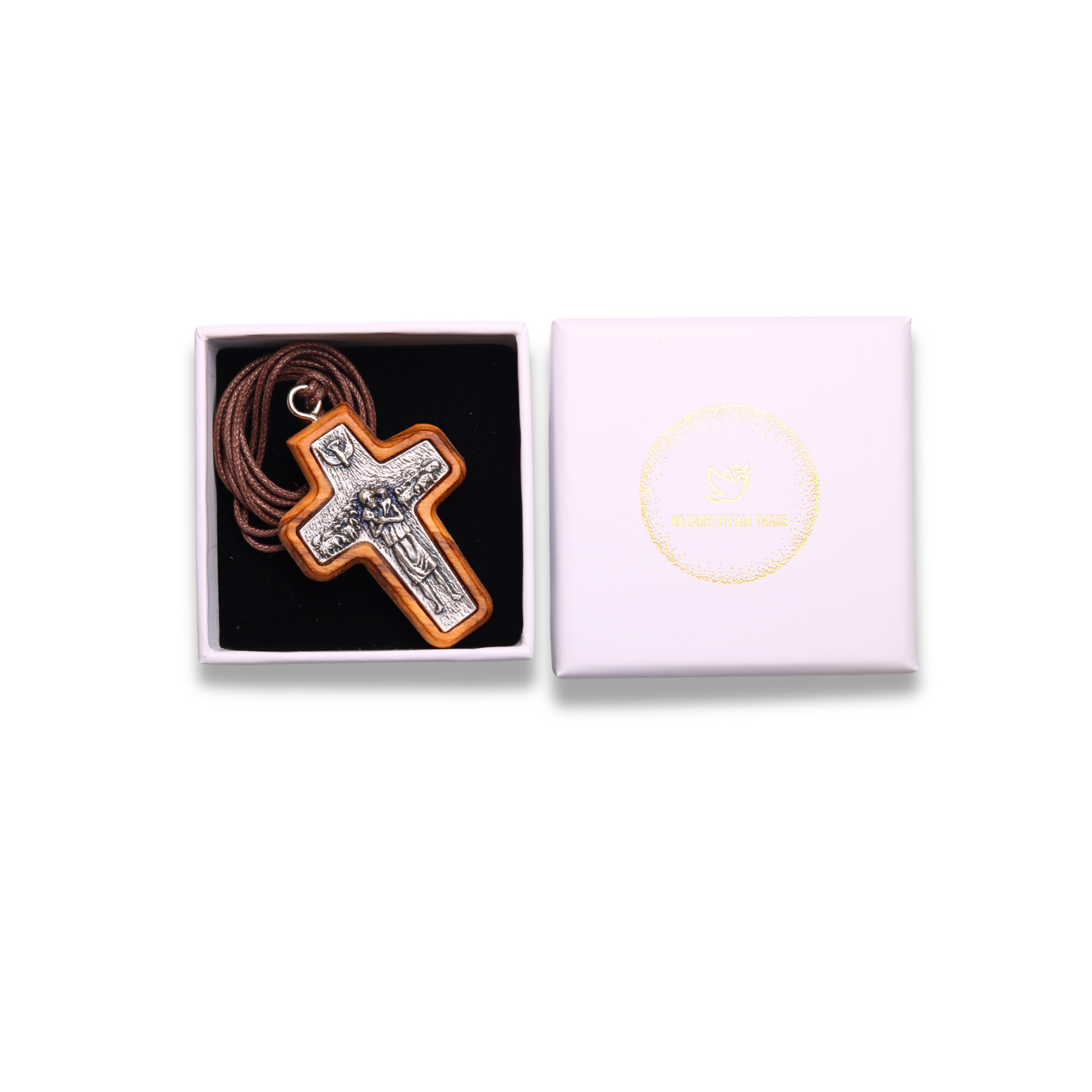 Pope Francis Olive Wood Framed Metal Cross in gift box