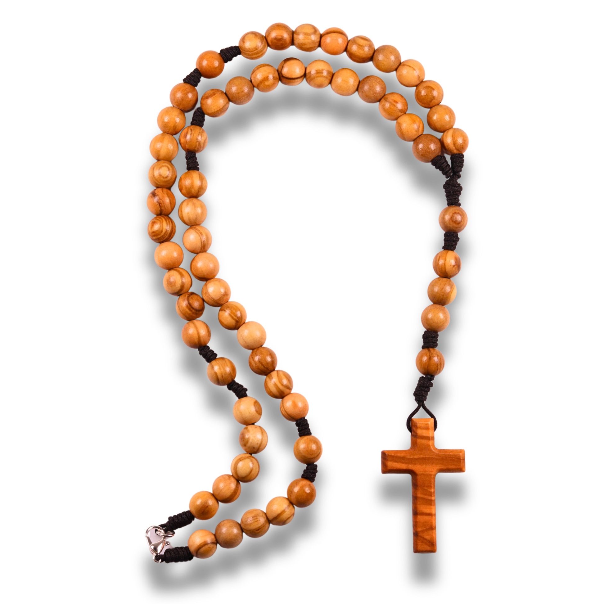 Wooden rosary with a cross on a white background