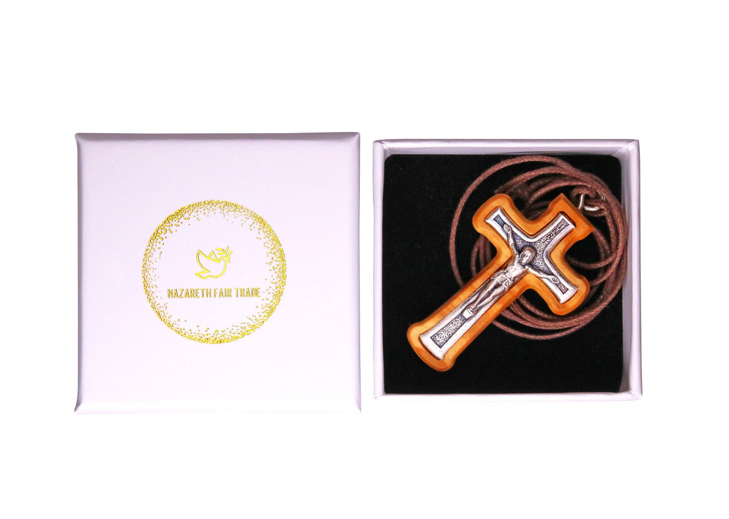 Radiant Corners Metal Crucifix in Olive Wood Frame Necklace In Gift Box