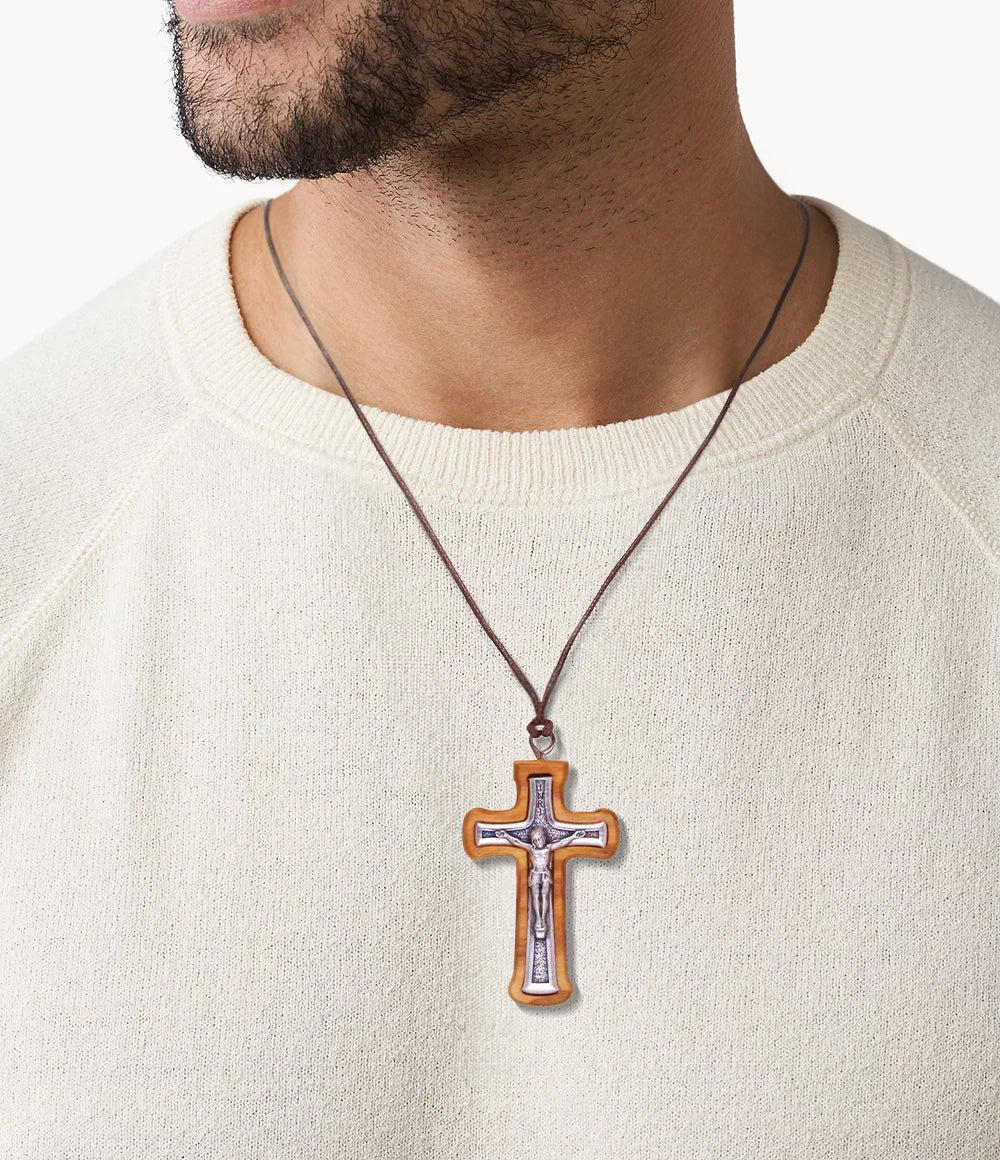 Radiant Corners Metal Crucifix in Olive Wood Frame Necklace On Man