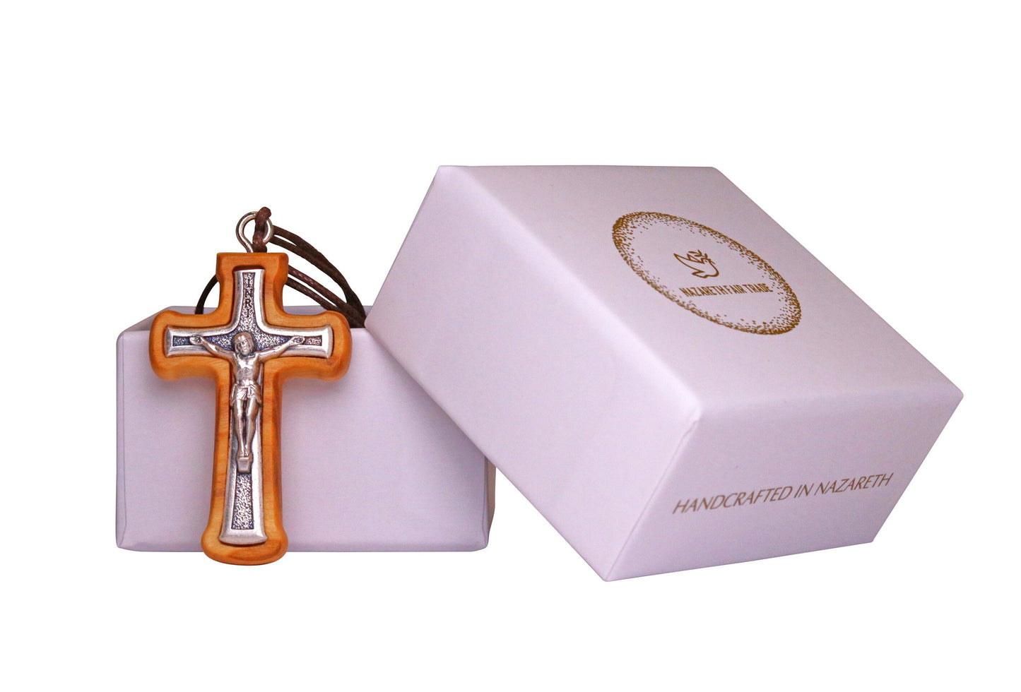 Radiant Corners Metal Crucifix in Olive Wood Frame Necklace Outside Gift Box