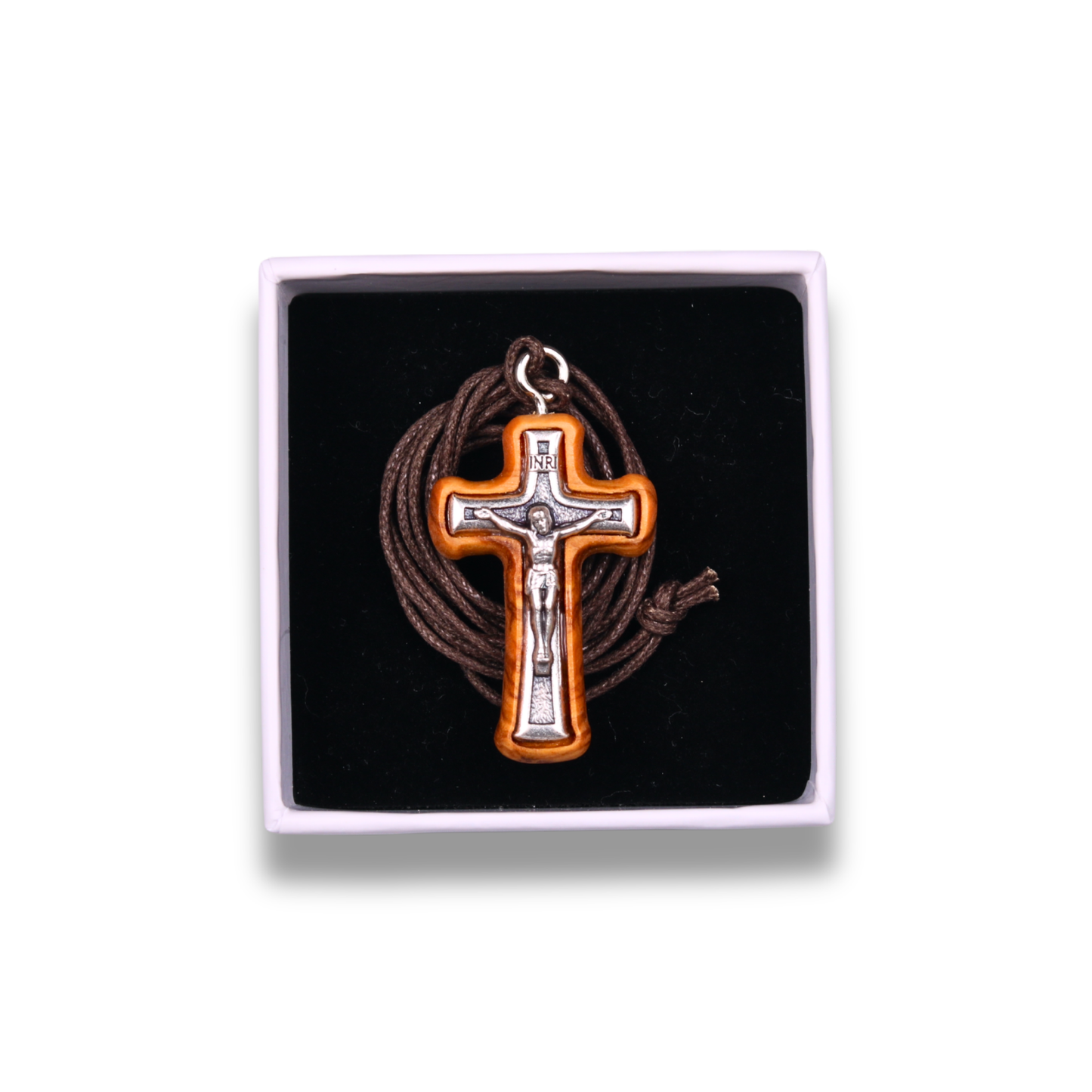 Handcrafted Radiant Olive Wood Crucifix Necklace In Gift Box
