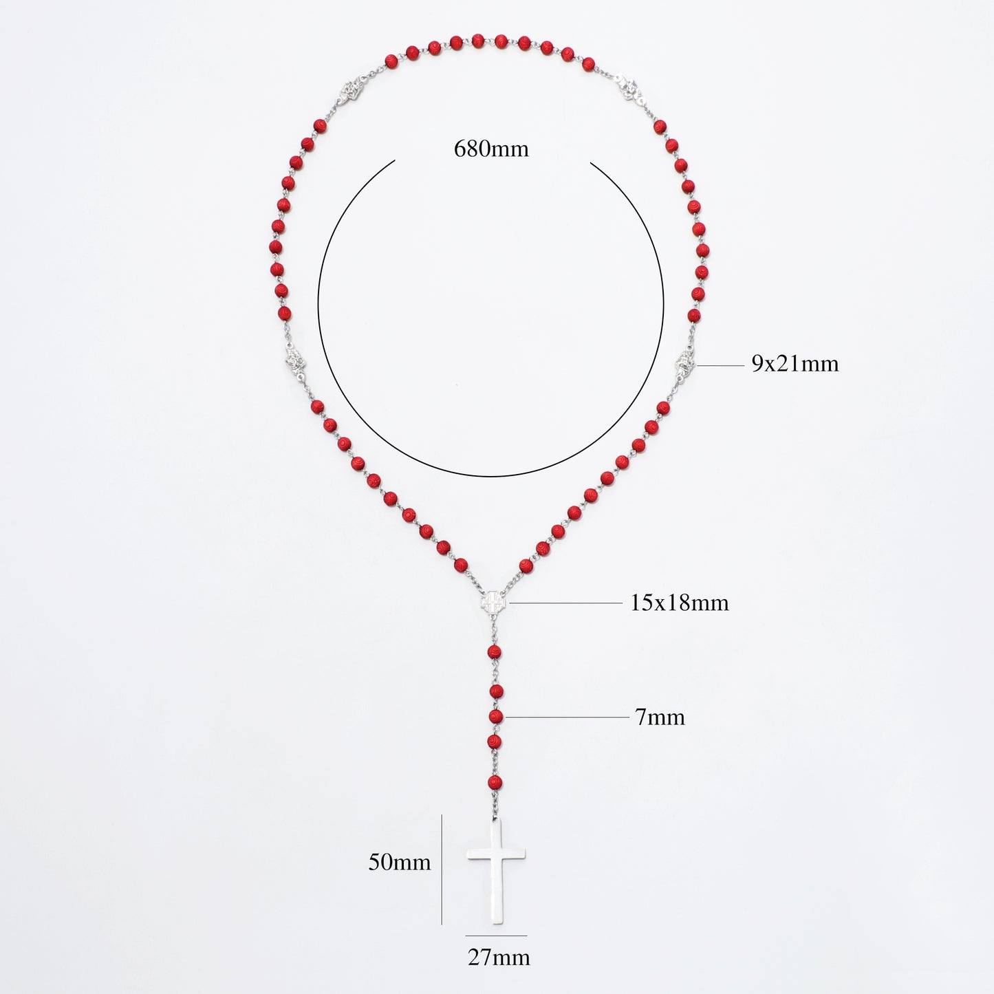 Red and silver beaded rosary necklace with a white cross pendant, shown on a light gray background with overlaid dimension labels and measurement lines.