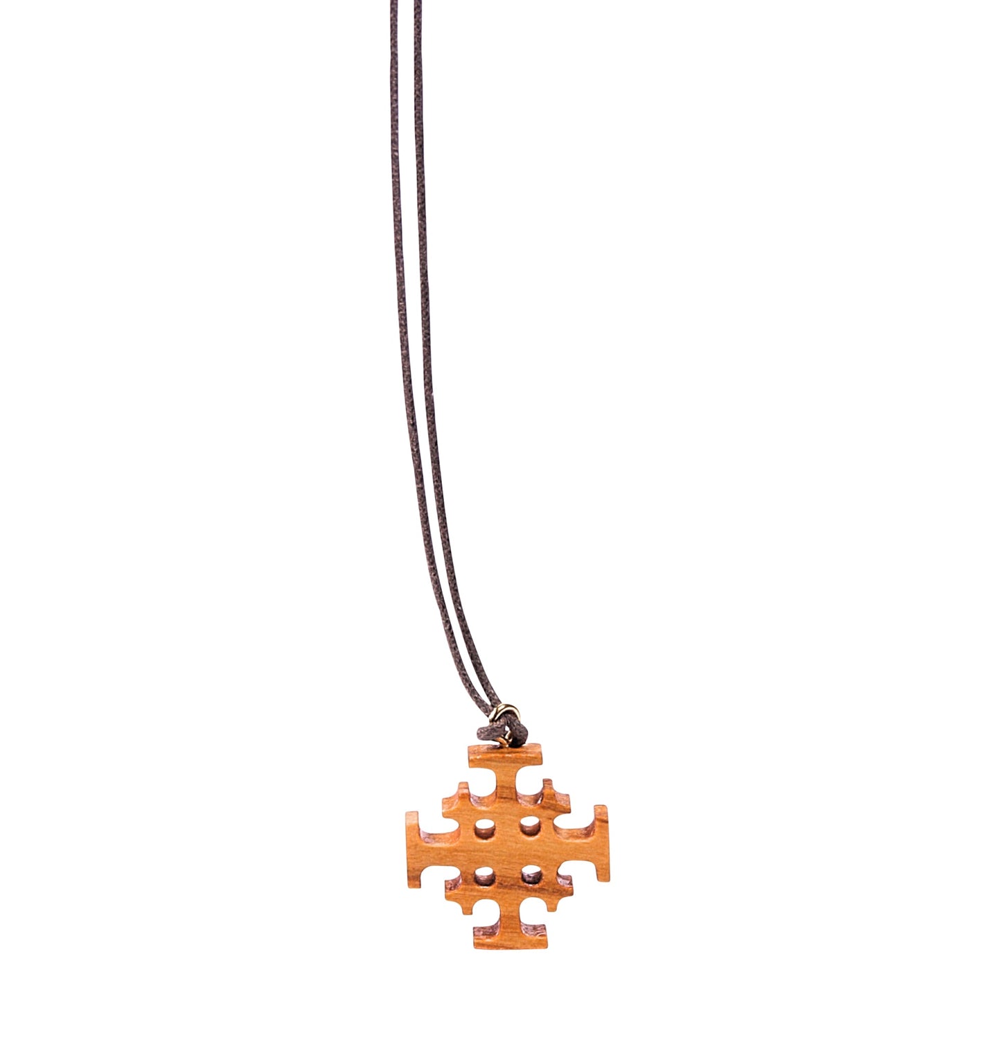 Olive wood Jerusalem cross pendant on a soft cotton cord, featuring a central cross potent surrounded by four smaller Greek crosses.