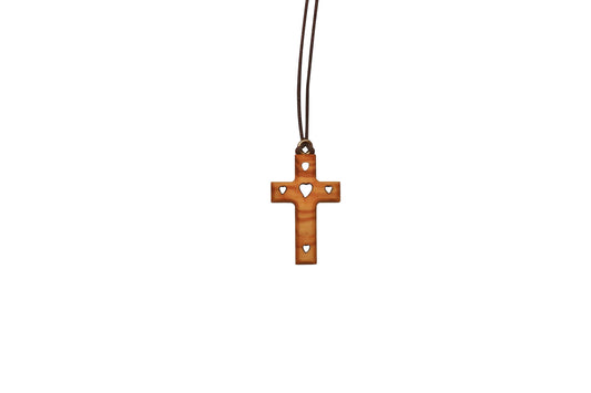Nazfat "Hearts of Devotion" Olive Wood Cross Pendant Necklace