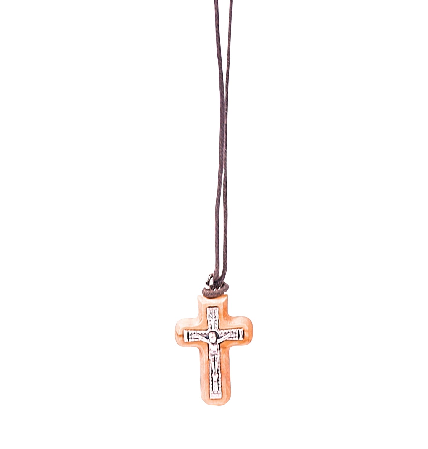Olive wood crucifix pendant with a silver-tone metal depiction of Jesus, accompanied by an 'INRI' sign at the top, suspended from a soft cotton cord.