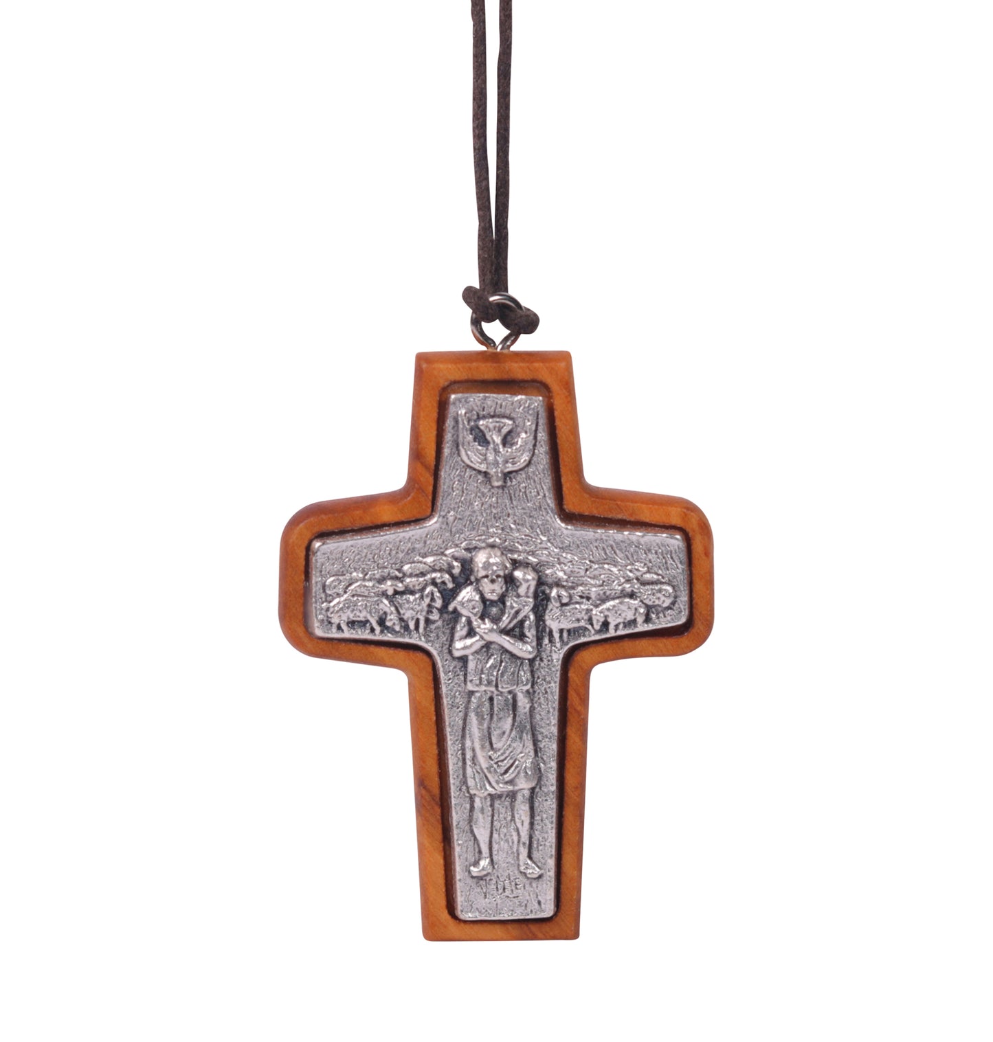Nazareth Fair Trade Handmade "Shepherd's Embrace" Pope Francis Olive Wood Framed Metal Cross Pendant - NazarethFairTrade