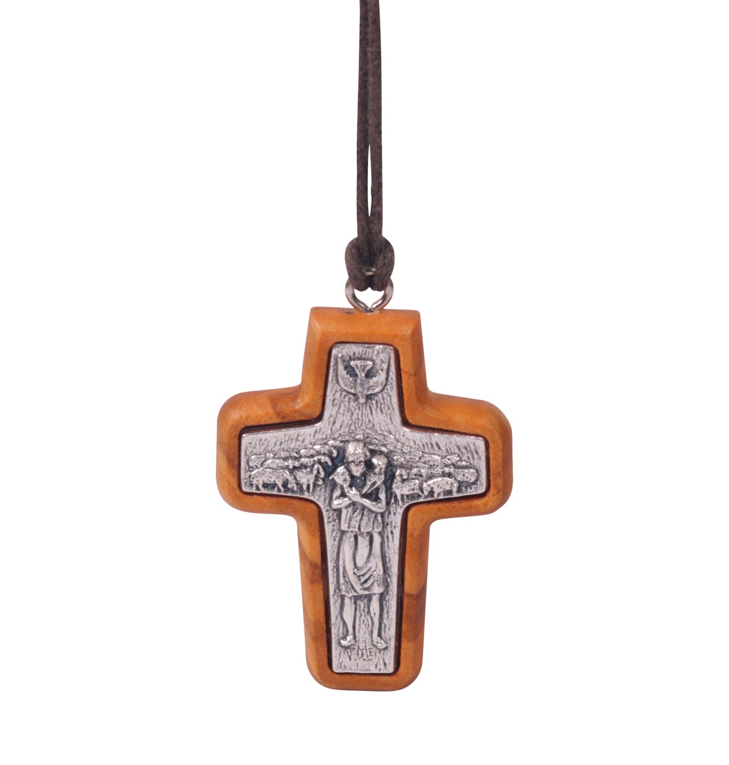 Nazareth Fair Trade Handmade "Shepherd's Embrace" Pope Francis Olive Wood Framed Metal Cross Pendant - NazarethFairTrade