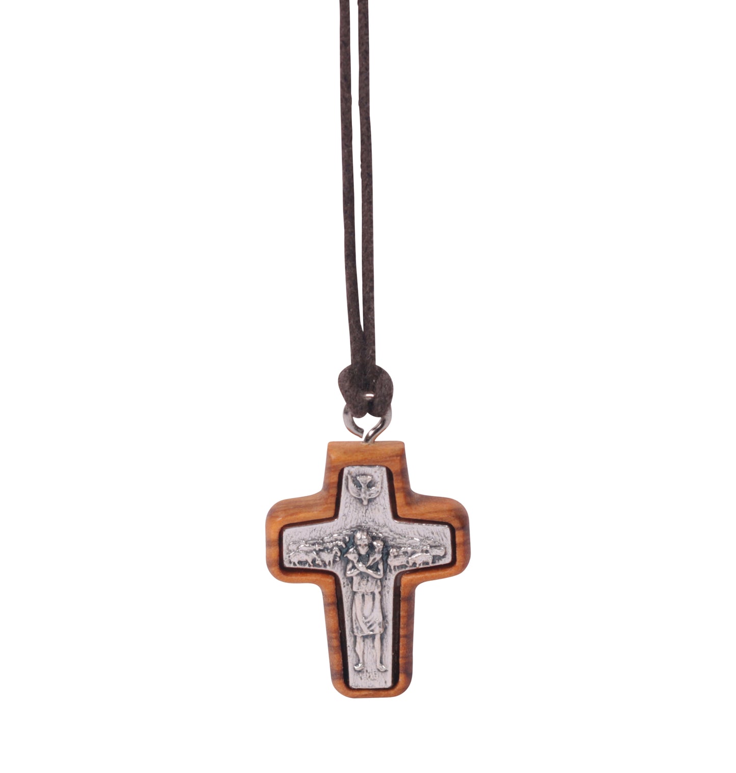 Nazareth Fair Trade Handmade "Shepherd's Embrace" Pope Francis Olive Wood Framed Metal Cross Pendant - NazarethFairTrade