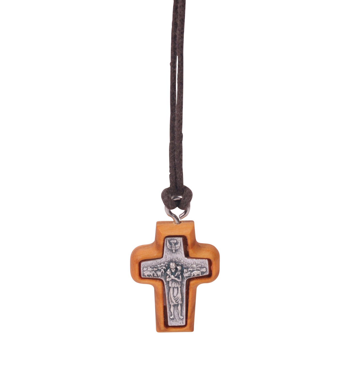 Nazareth Fair Trade Handmade "Shepherd's Embrace" Pope Francis Olive Wood Framed Metal Cross Pendant - NazarethFairTrade