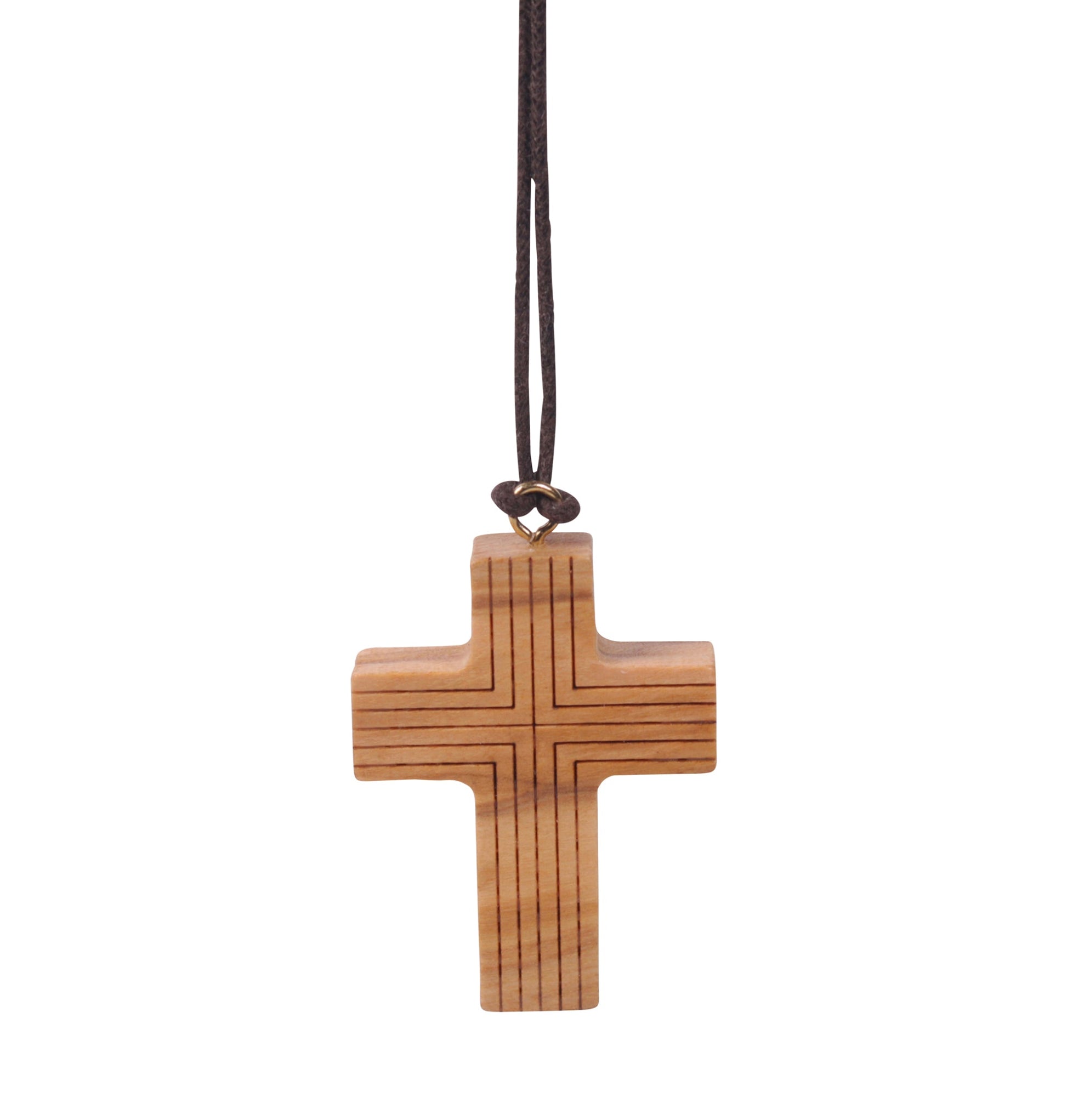 Olive Wood Cross Pendant. The rich and textured wood of the olive tree is meticulously carved, tracing out a smaller cross within the larger form. 