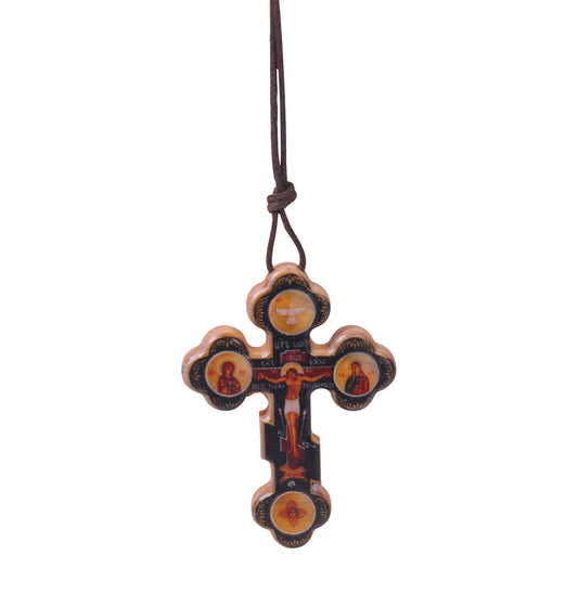 Handcrafted olive wood pendant necklace. With the iconic depiction of Jesus on the cross, the serene image of Maria and the symbolic dove.