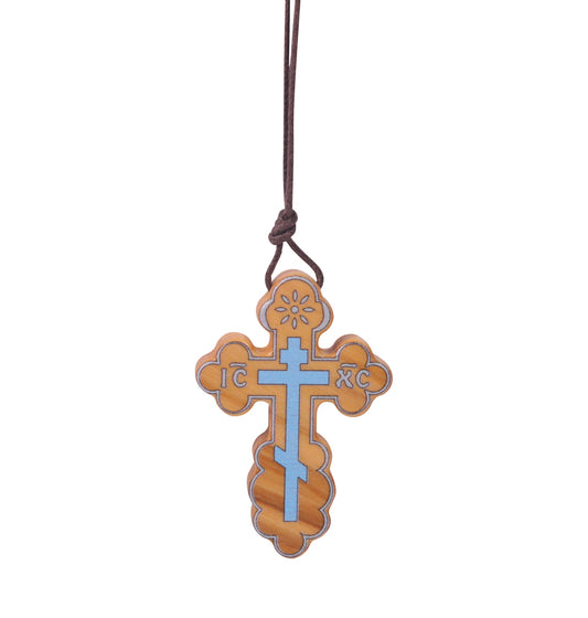 Olive wood Orthodox cross pendant with a blue-painted Russian Orthodox Cross design, scalloped edges, and soft cotton cord.