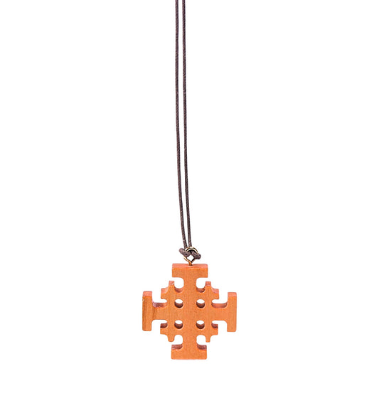 Olive wood Jerusalem cross pendant on a soft cotton cord, featuring a central cross potent surrounded by four smaller Greek crosses.