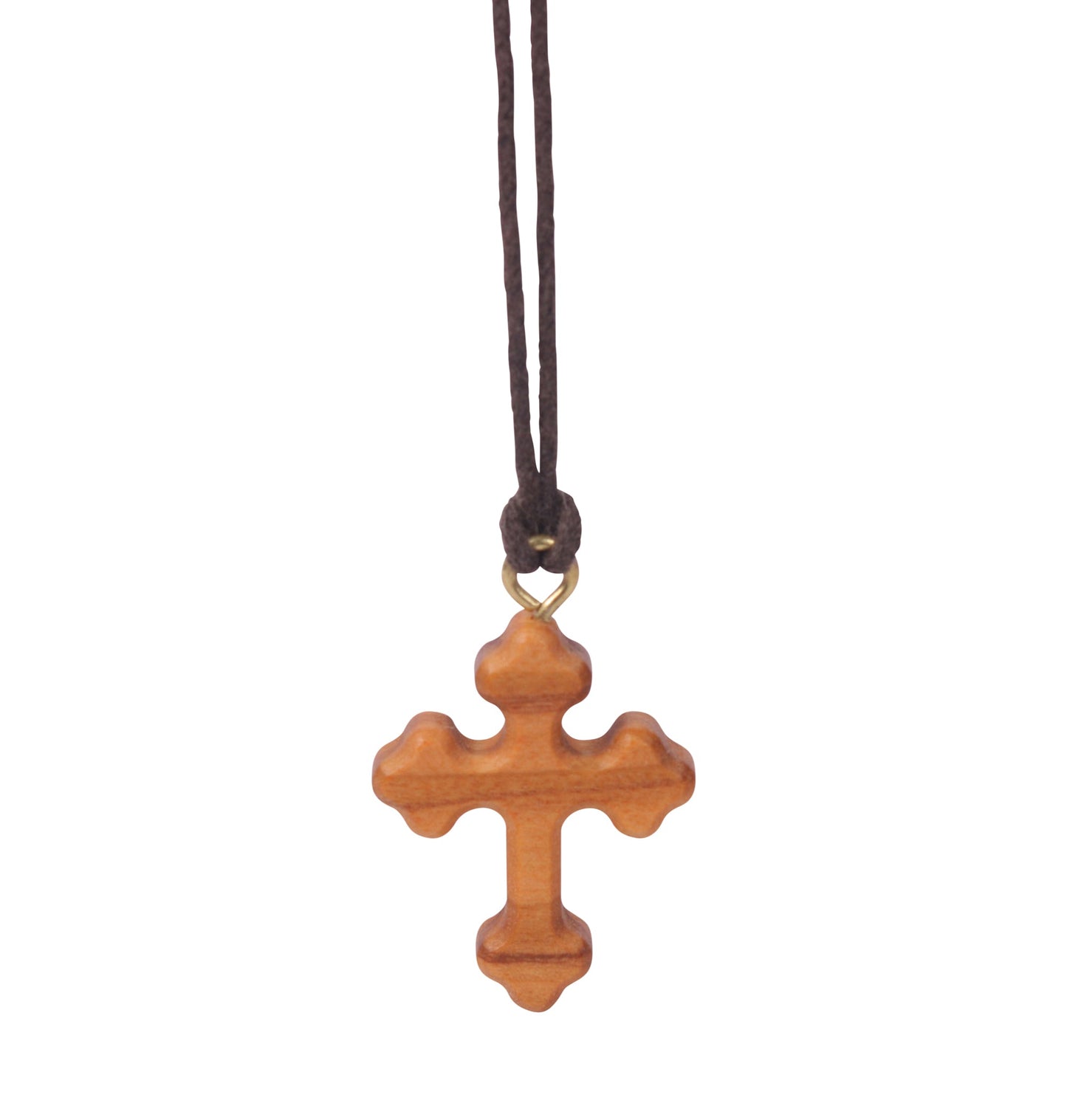 Olive wood orthodox cross pendant with three rounded protrusions on each arm, suspended from a soft cotton cord.