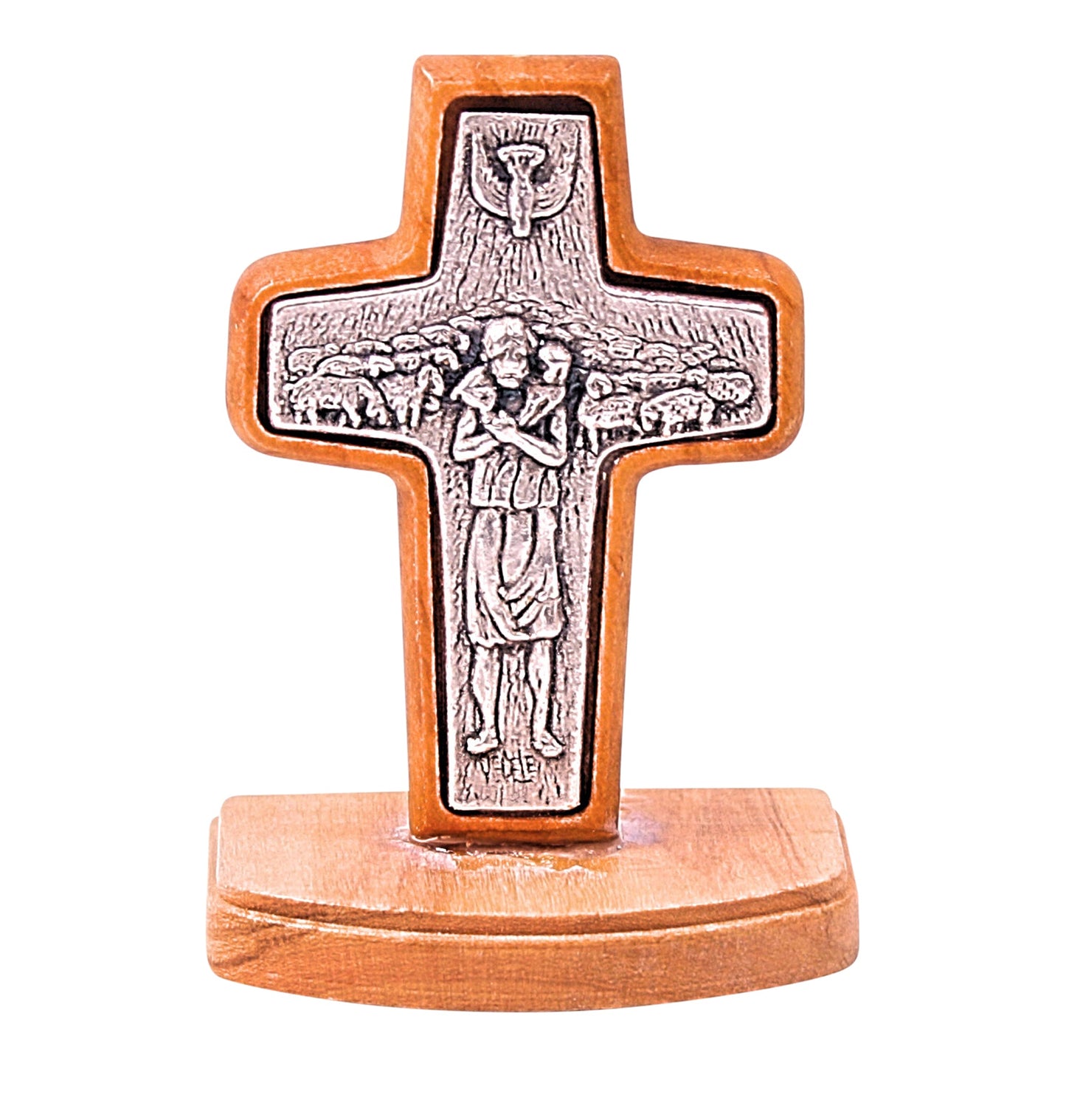 The 'Shepherd's Embrace' Olive Wood Cross, a finely detailed carving of Jesus the Good Shepherd set within a polished olive wood frame on a matching stand, handcrafted by artisans in the Holy Land.