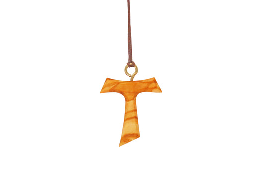 Tau of Harmony Olive Wood Cross Pendant on a brown cotton cord, displaying a T-shaped form with smoothed edges and a rich, warm grain pattern, handcrafted by Christian families in the Holy Land.