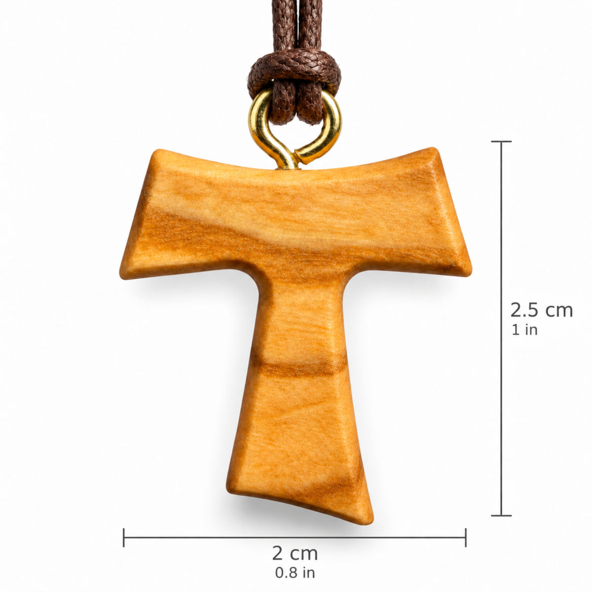 A wooden T-shaped pendant with a warm honey-brown finish and a gold-tone loop, hanging from a dark brown cord. Black dimension lines and text indicate a height of 2.5