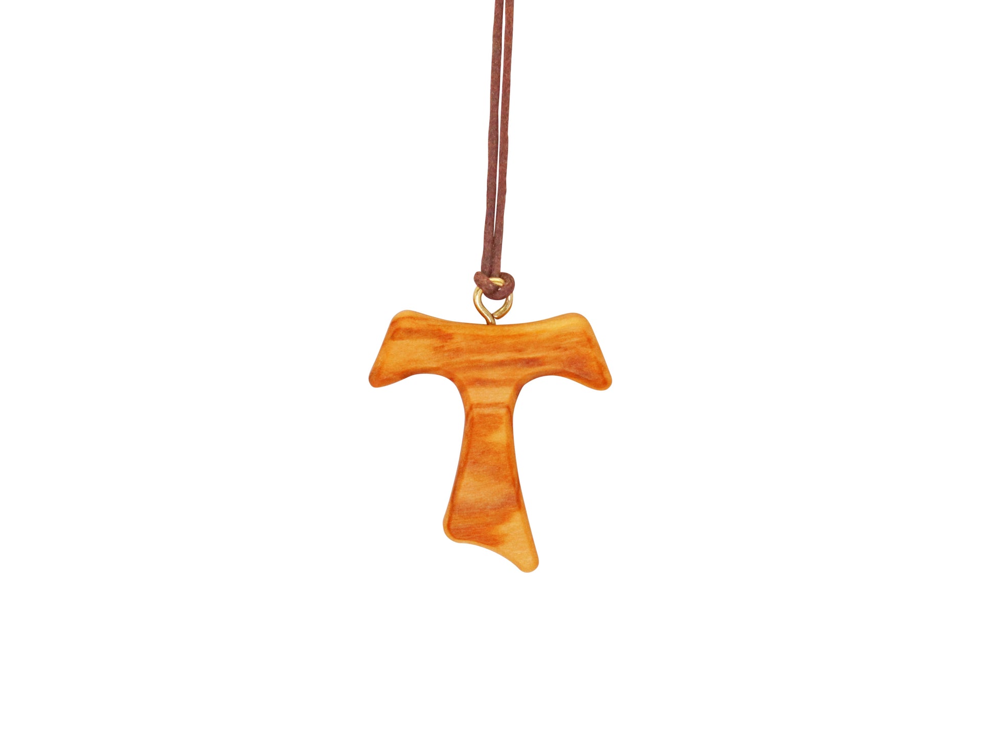 Tau cross pendant made from olive wood, featuring a T-shaped design with expanded ends, hanging on a soft cotton cord, handcrafted by Christian families in the Holy Land.
