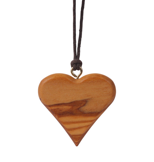 The pendant is a beautifully carved representation of a heart, made from olive wood. The wood's natural grain creates a pattern of light and dark streaks, giving the heart a distinctive and organic appearance. At the top of the heart, a small metallic loop attaches it to a sturdy cotton cord.