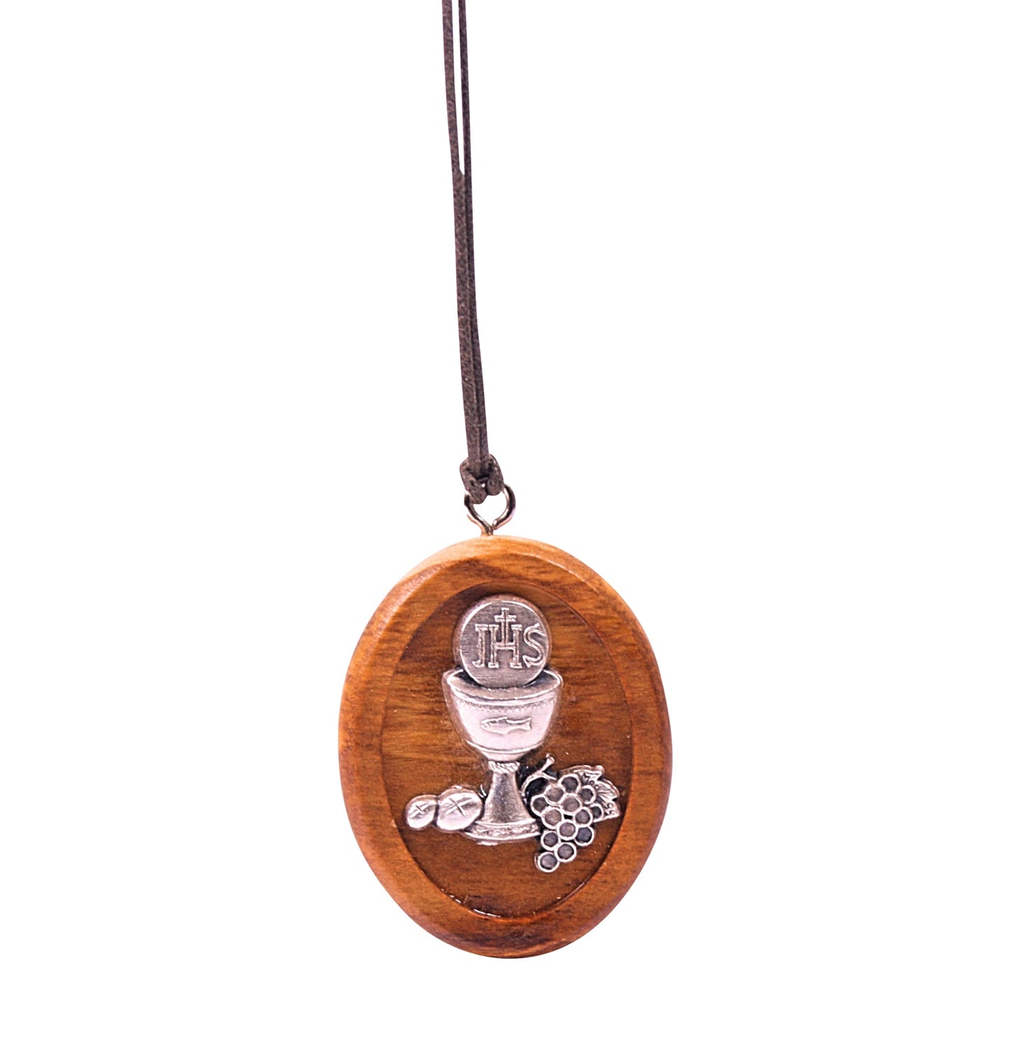 Sacred Communion Olive Wood Necklace with Silver-Toned Emblem Close Up
