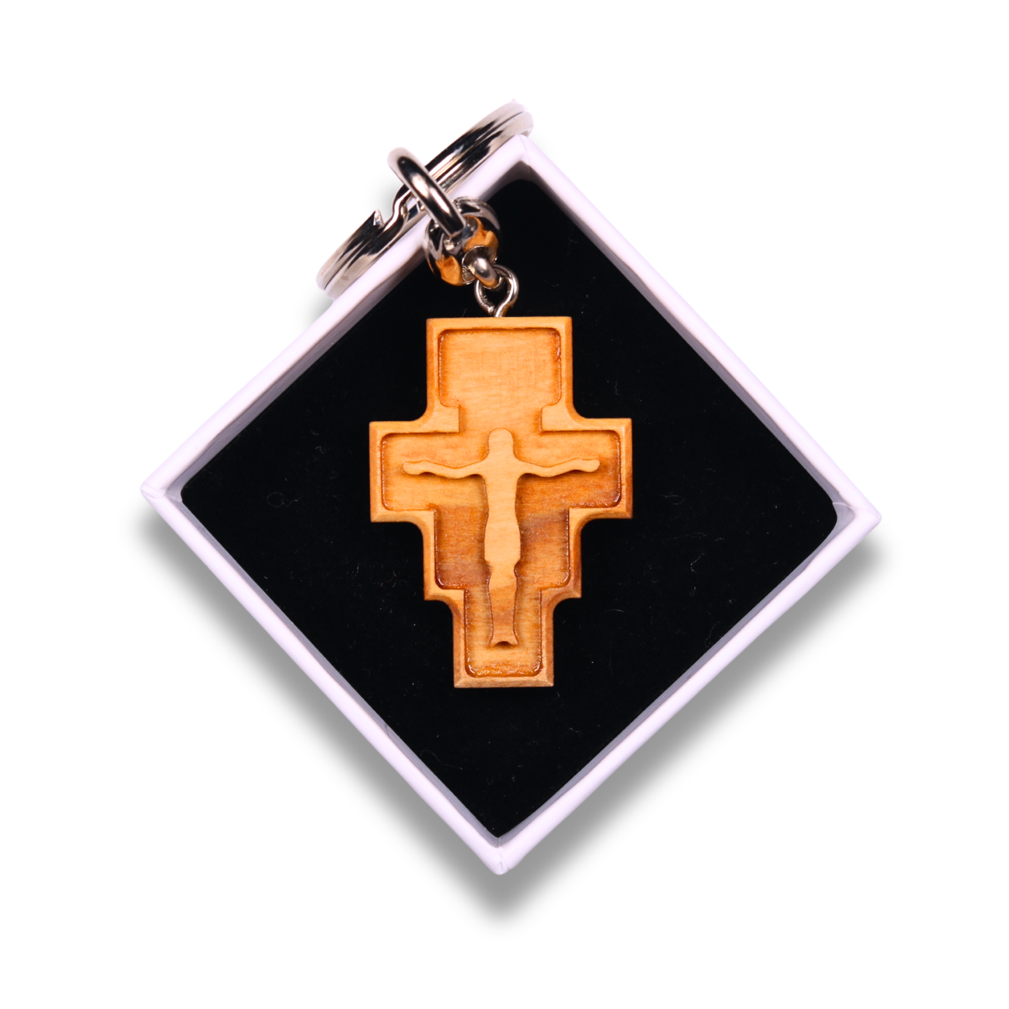 San Damiano Olive Wood Cross Keychain In Gift Box