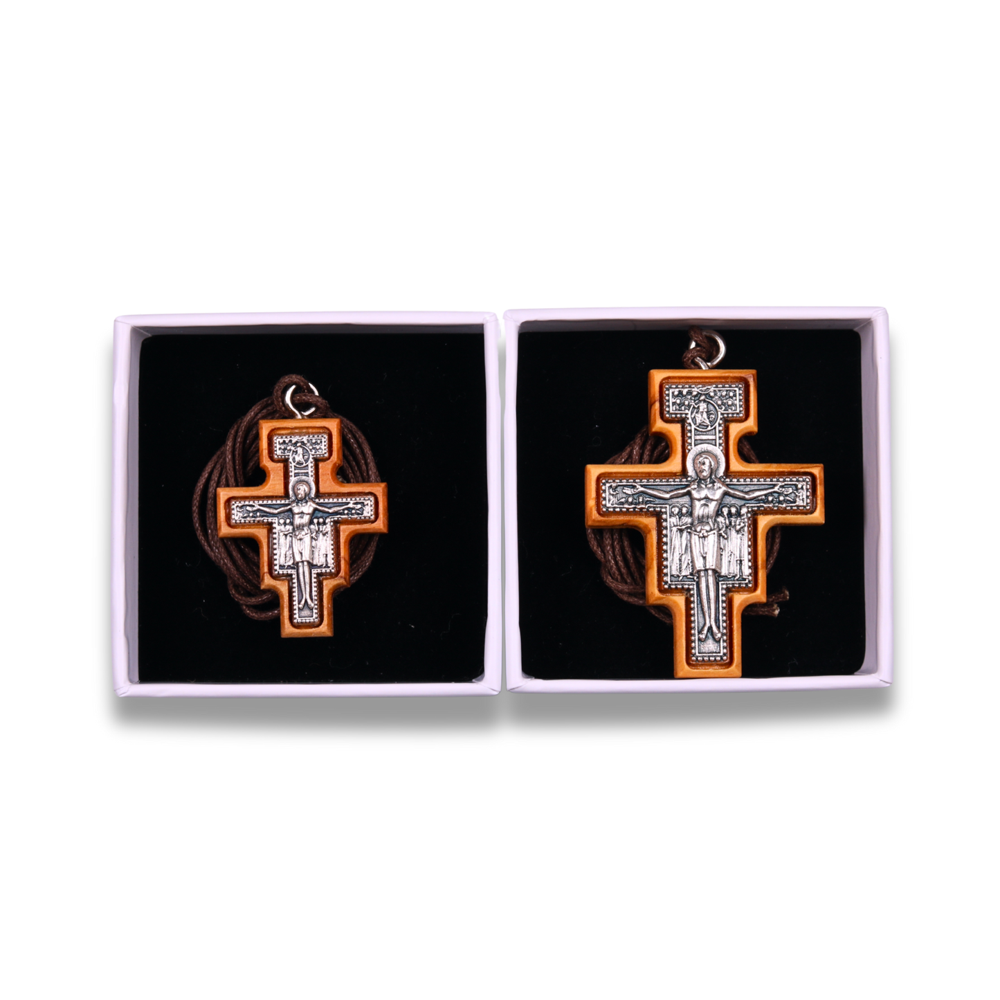 San Damiano Olive Wood Crucifix Necklace Large and Small in gift box