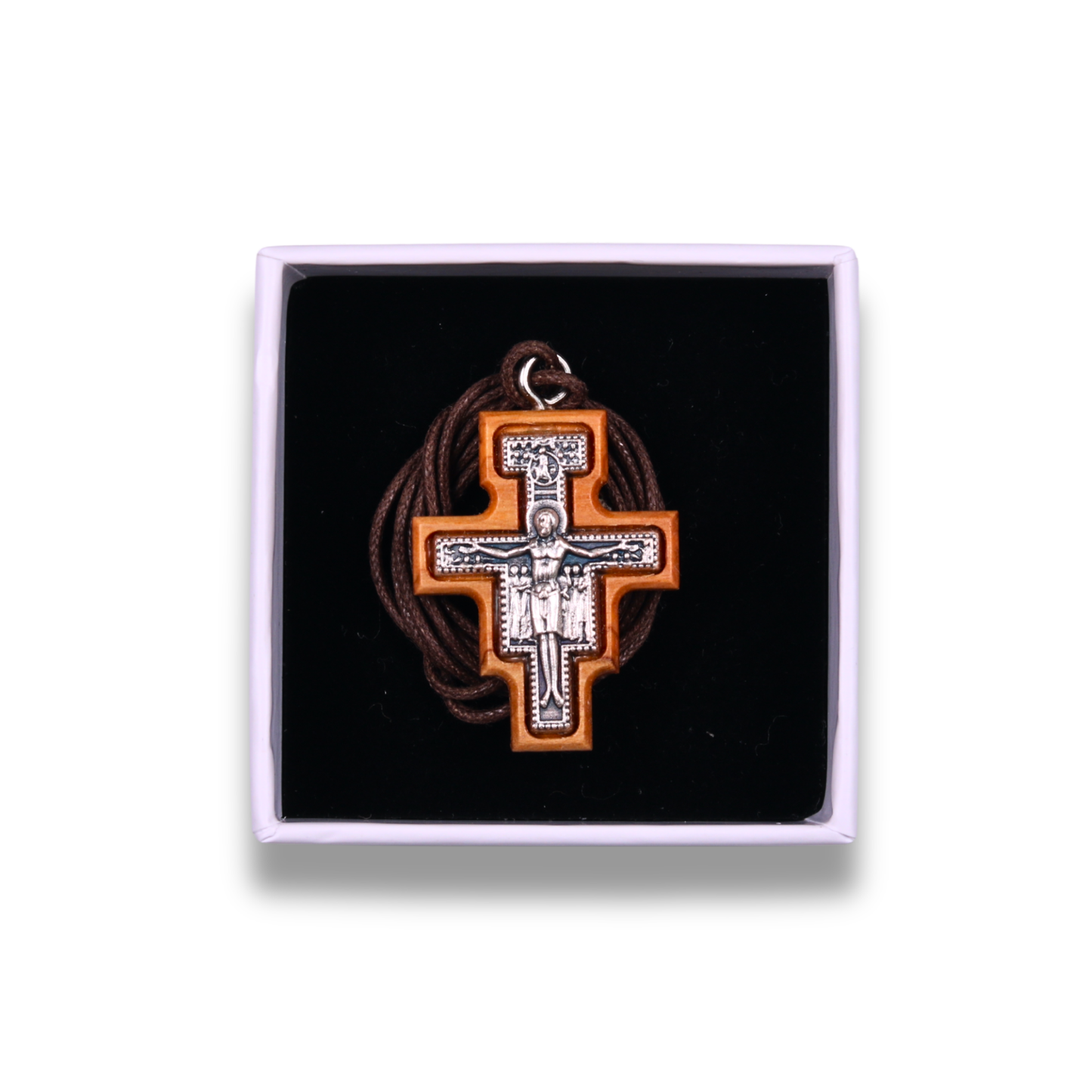 San Damiano Olive Wood Crucifix Necklace Small In Gift Box