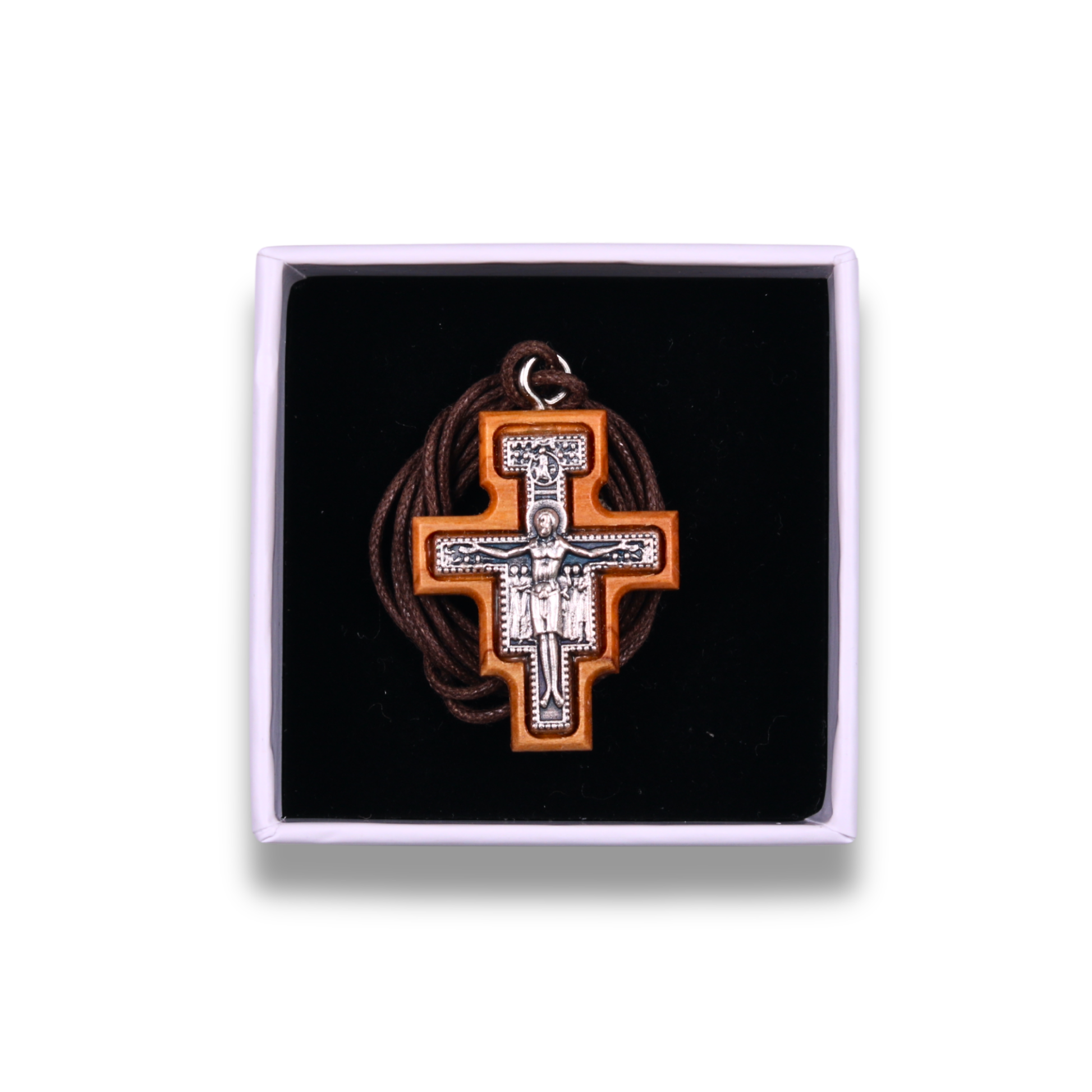 San Damiano Olive Wood Crucifix Necklace Small In Gift Box