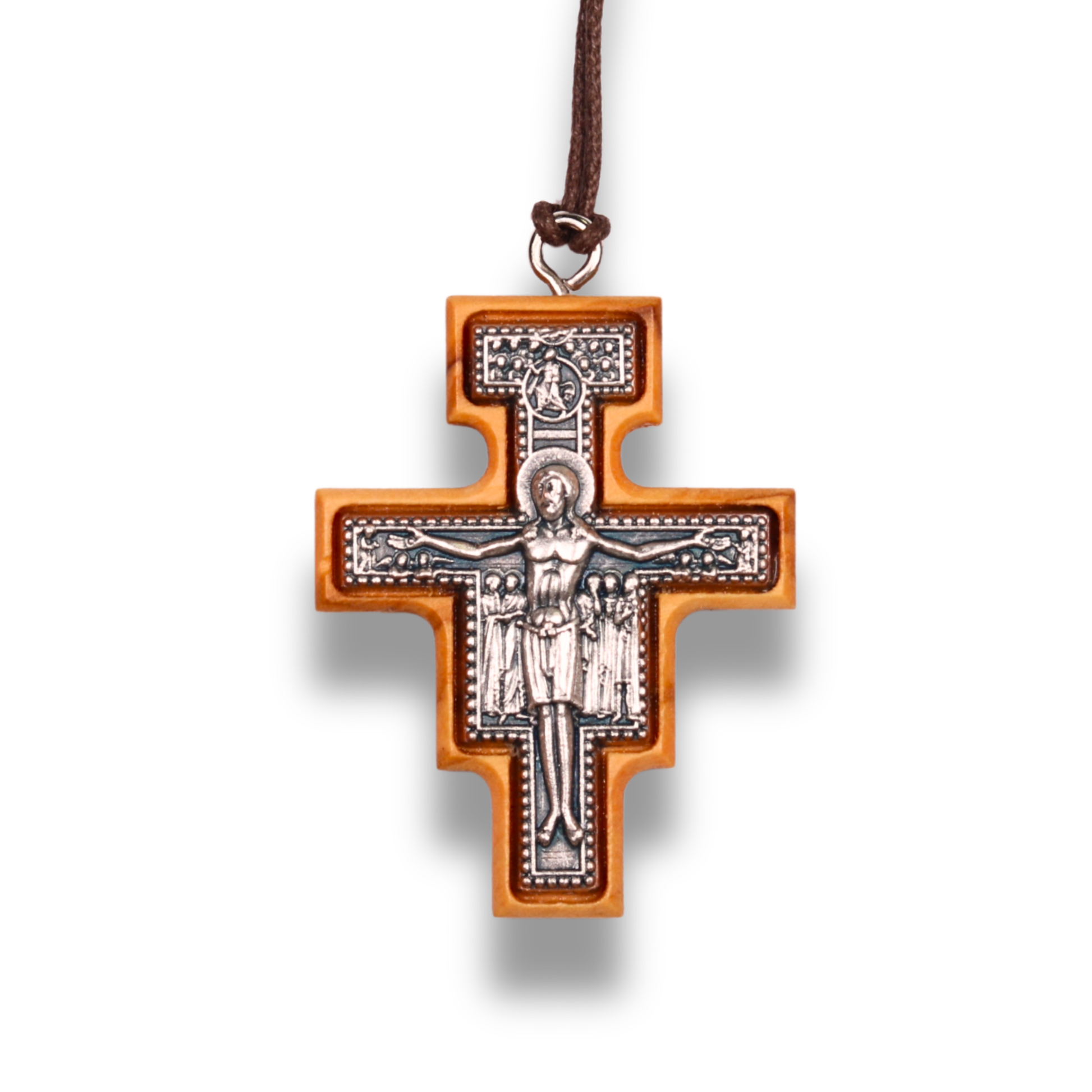 San Damiano Olive Wood Crucifix Necklace Large