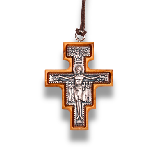 San Damiano Olive Wood Crucifix Necklace Large