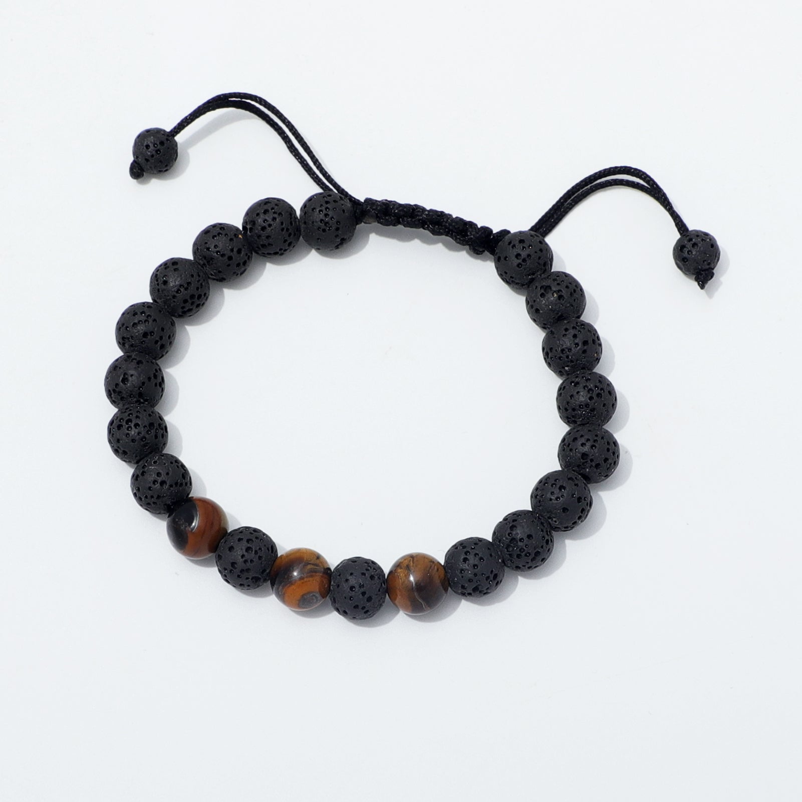 Top View of Tiger Eye and Lava Rock Adjustable Bracelet with Sliding Knot Closure