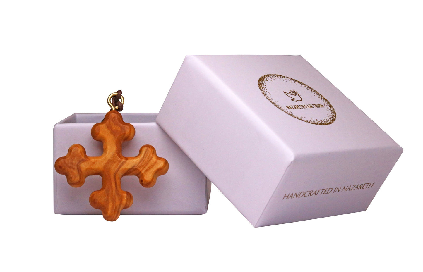 Triad-Tip Olive Wood Greek Orthodox Cross Necklace Outside Gift Box
