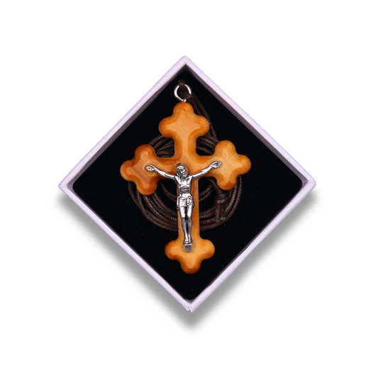 Trias Orthodox Olive Wood Crucifix Necklace in gift box