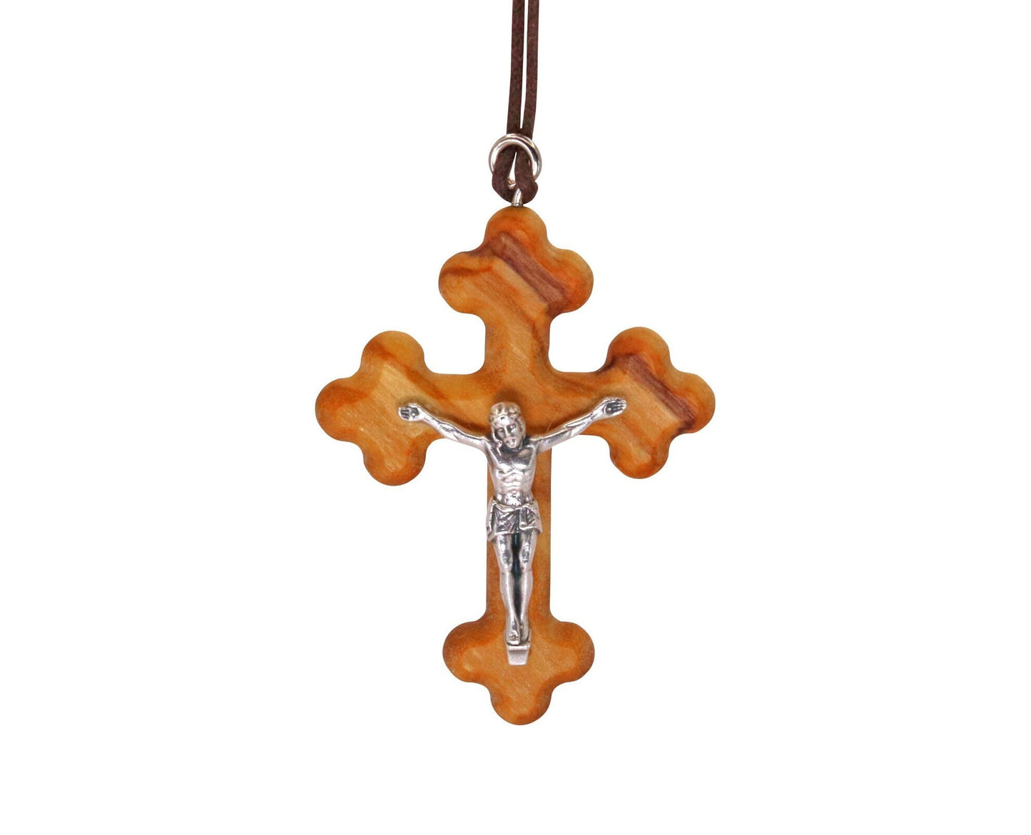 Trinity Waves Olive Wood Crucifix with Silver Christ Close Up
