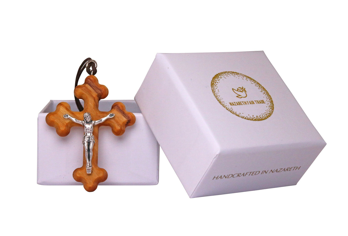 Trinity Waves Olive Wood Crucifix with Silver Christ Outside Gift Box
