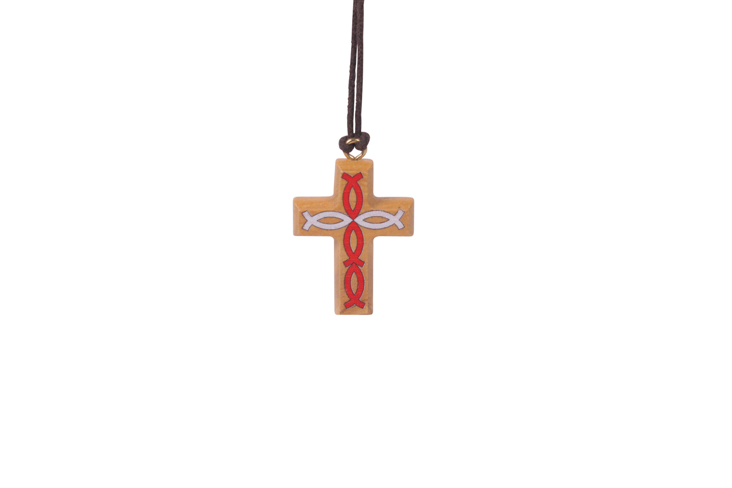 Twin Fish Olive Wood Cross Necklace red close up
