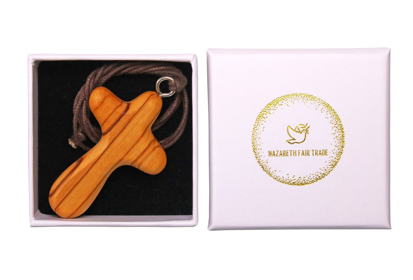 Unique Curved Artisanal Olive Wood Cross Necklace In Gift Box