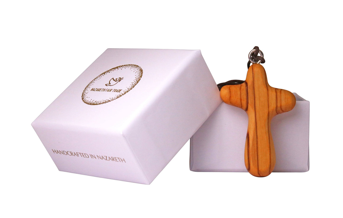 Unique Curved Artisanal Olive Wood Cross Necklace Outside Gift Box