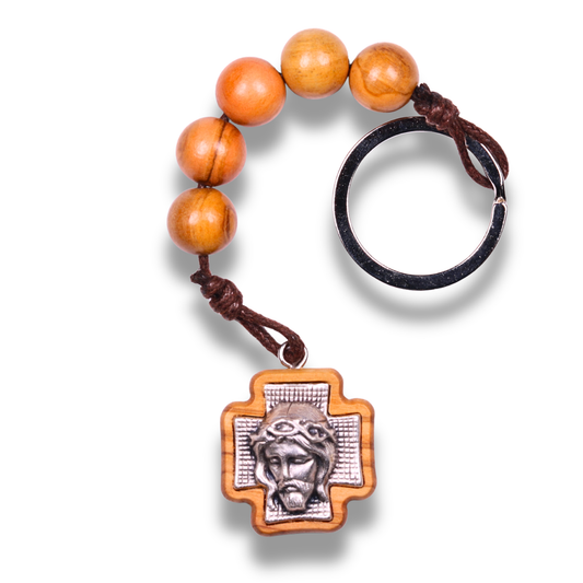 Visage Of Jesus Beaded Olive Wood Cross Keychain
