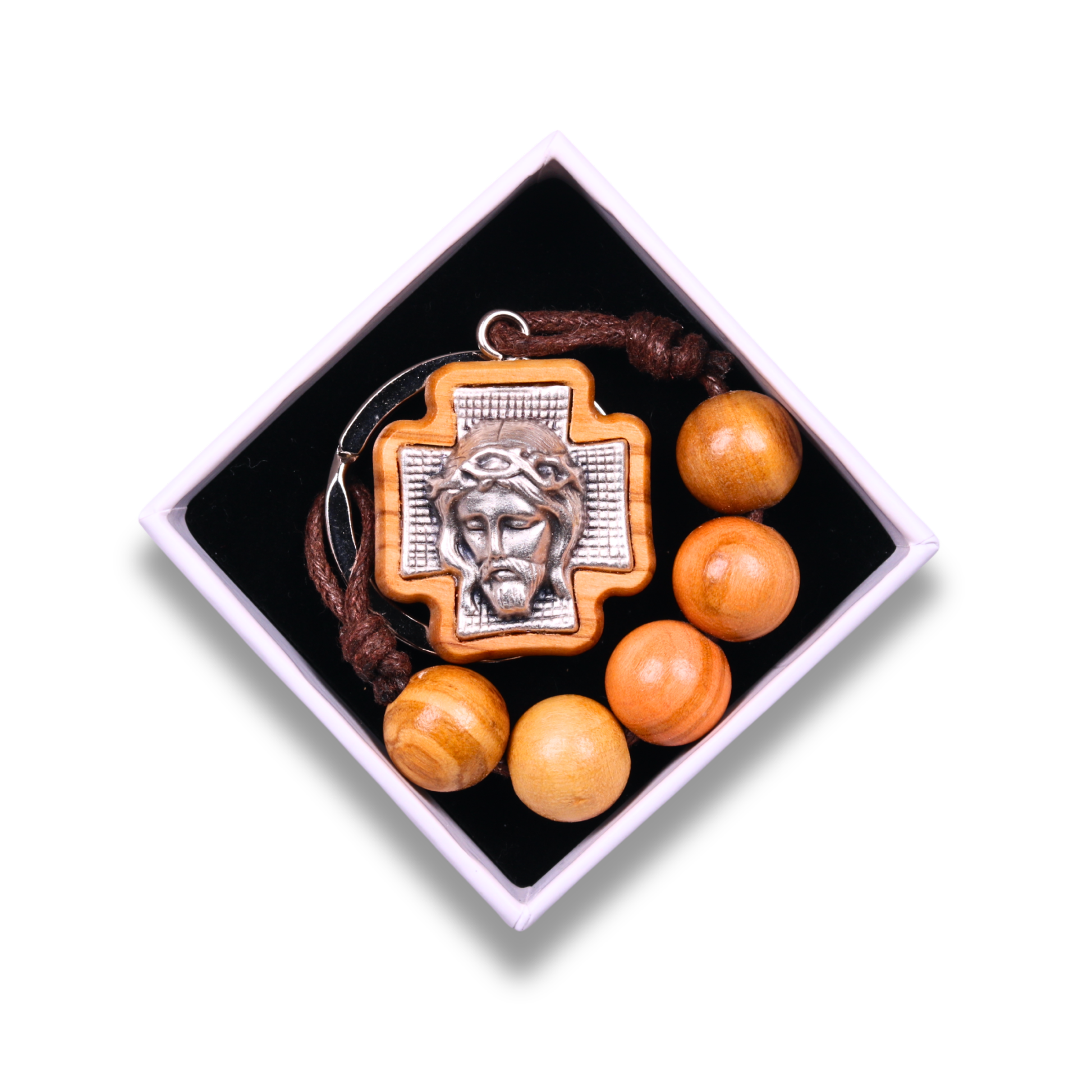 Visage Of Jesus Beaded Olive Wood Cross Keychain In Gift Box