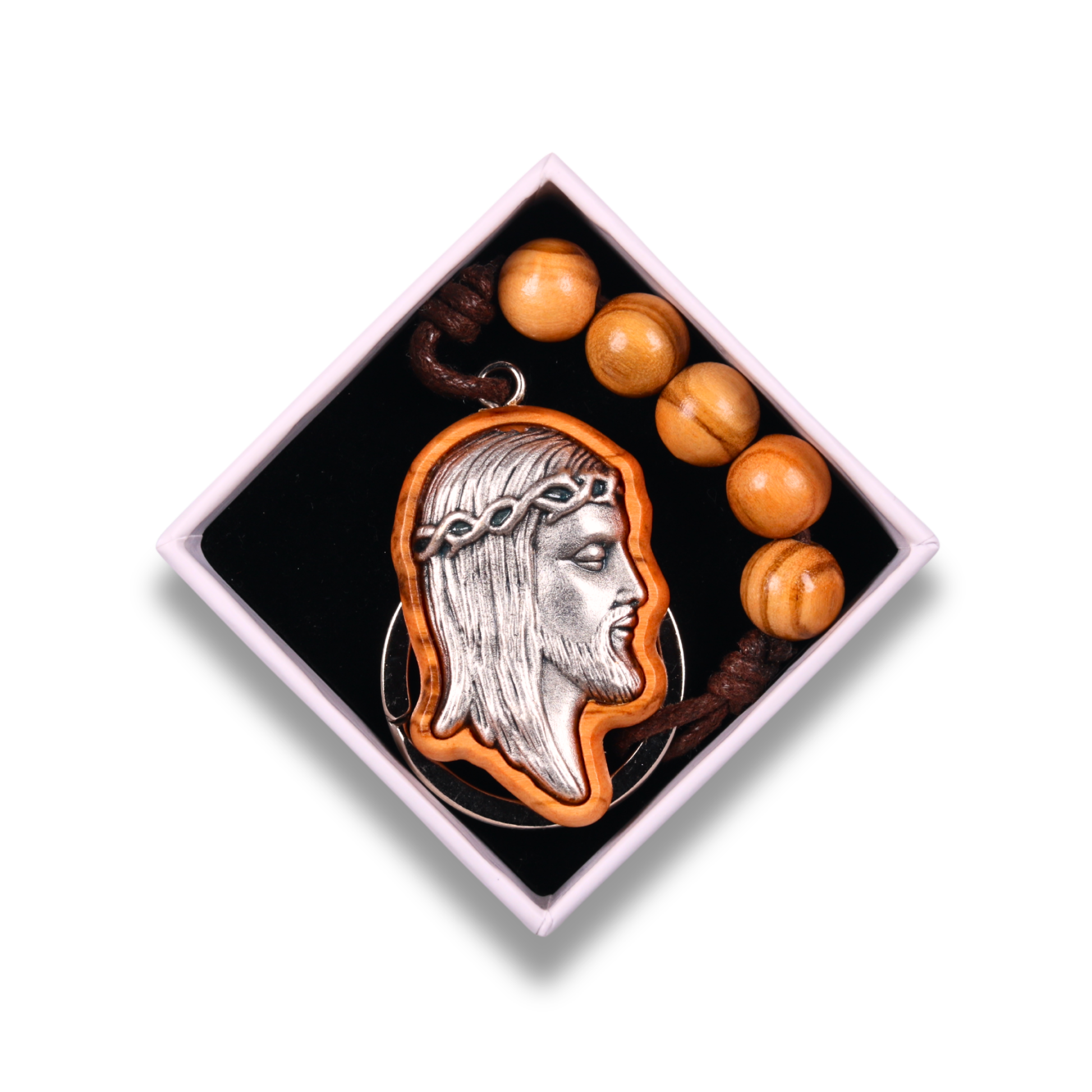 Visage Of Jesus Beaded Olive Wood Keychain In Gift Box