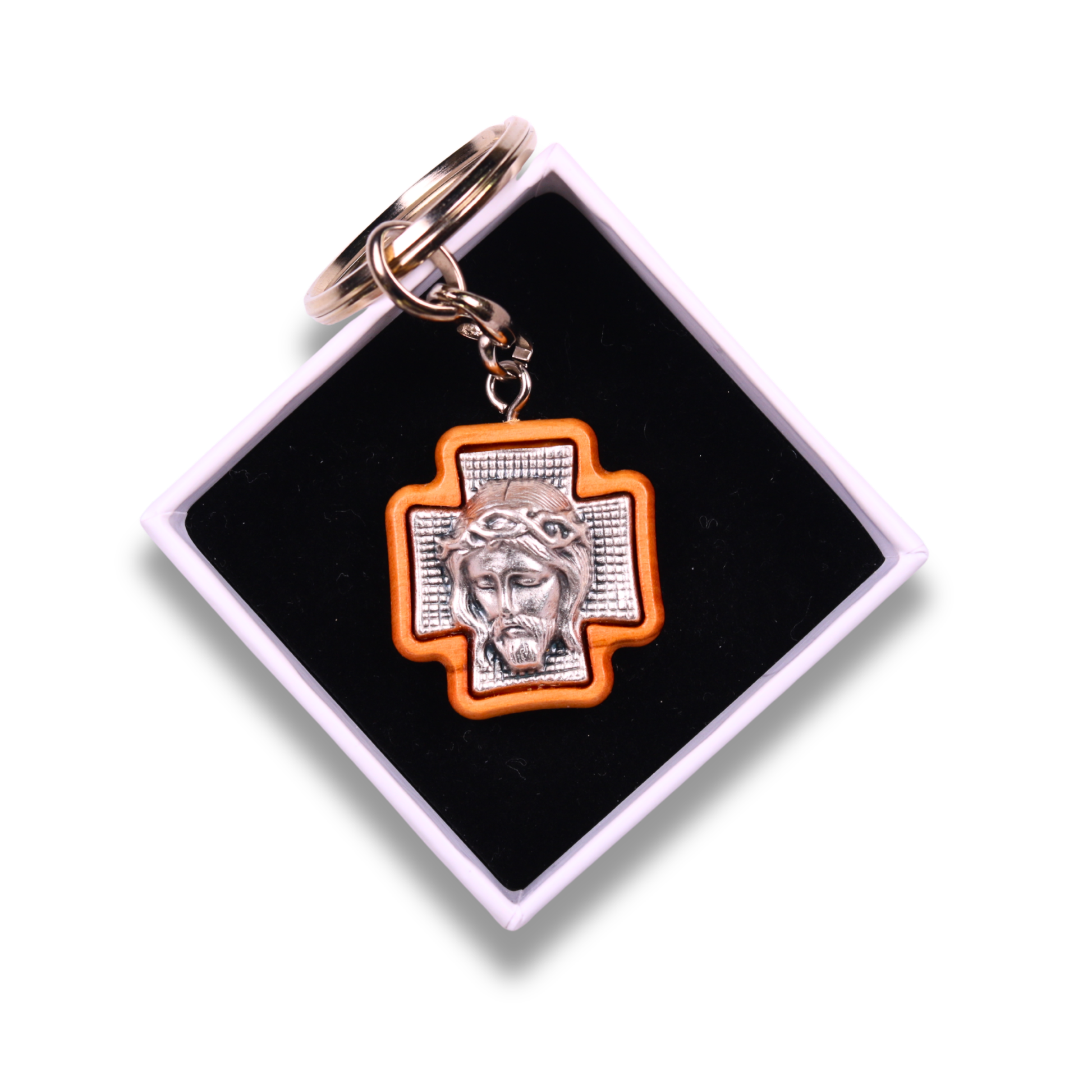 Visage Of Jesus Olive Wood Cross Keychain In Gift Box