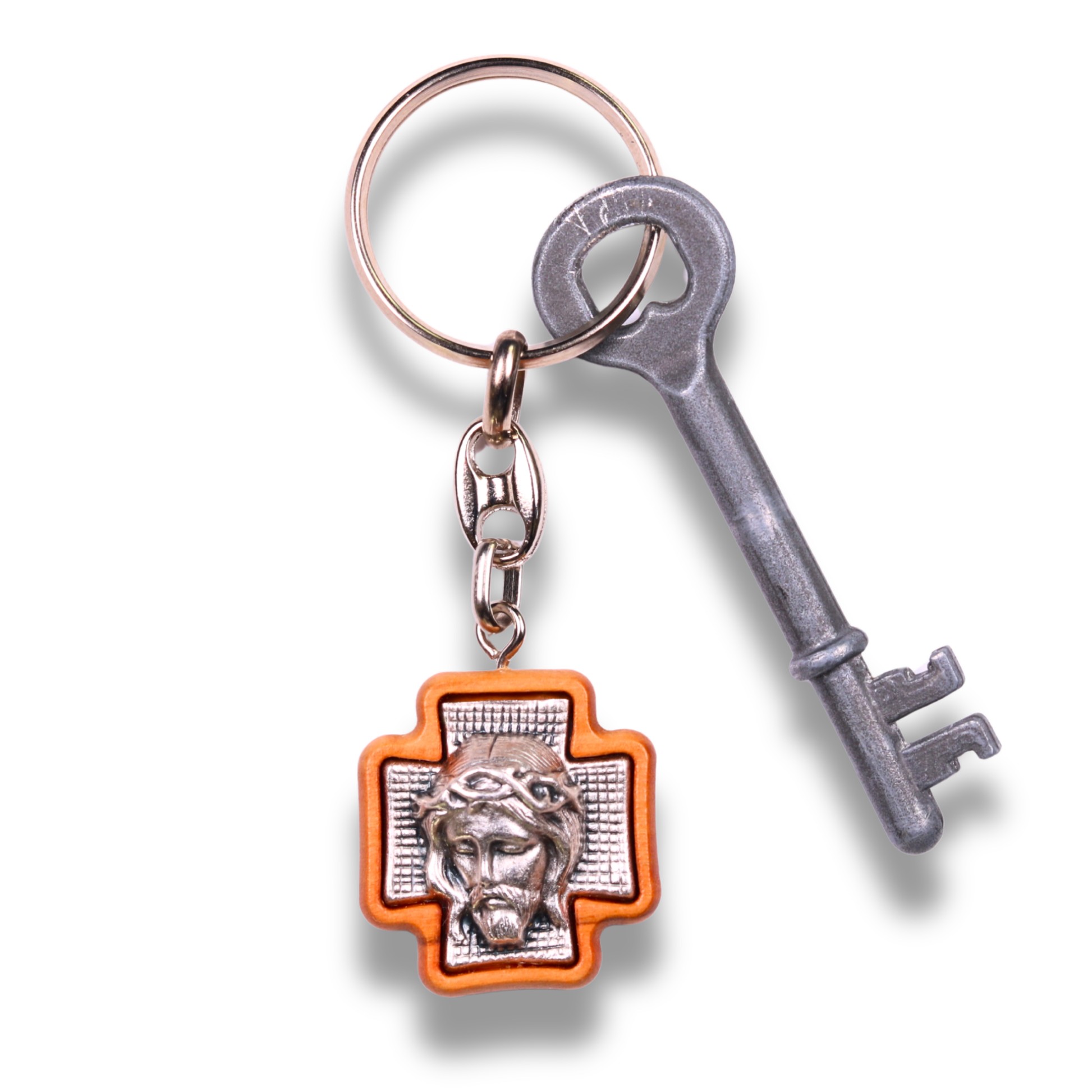 Visage Of Jesus Olive Wood Cross Keychain With Key