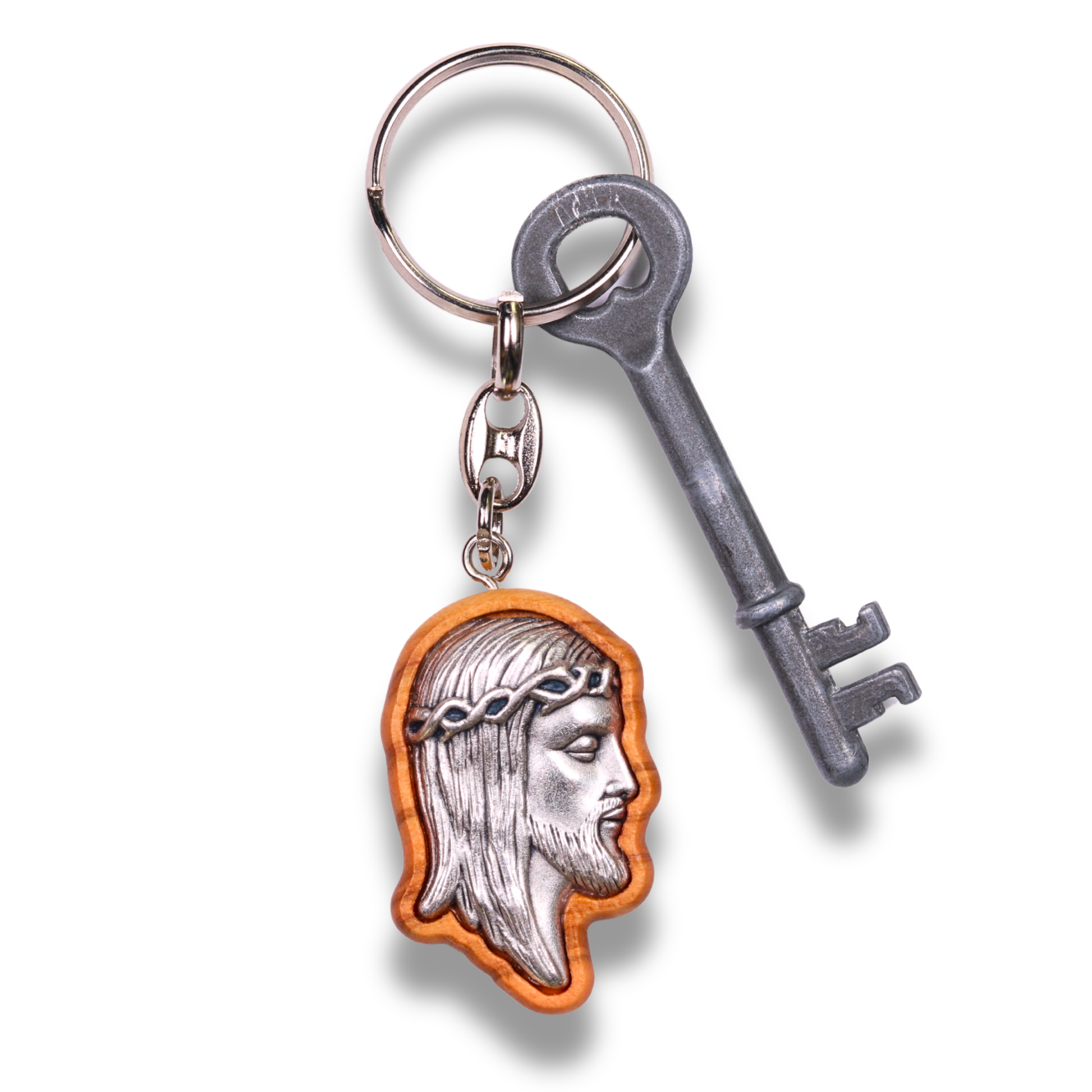 Visage Of Jesus Olive Wood Keychain With Key