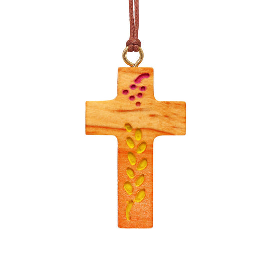 Nazareth Fair Trade Handmade Olive Wood Communion Cross Pendant - Wheat and Grape Emblems - Symbolic Christian Necklace from the Holy Land